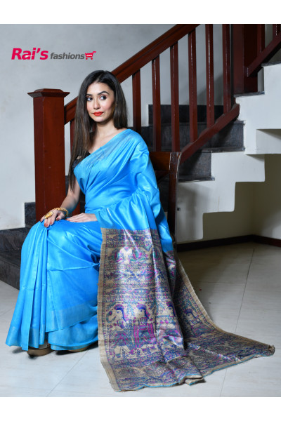 Tussar Silk Saree With Madhubani Printed Gicha Silk Pallu And Zari Border (KR131)